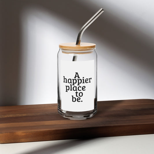 "A happier place to be" Can-shaped Glass with Lid & Straw