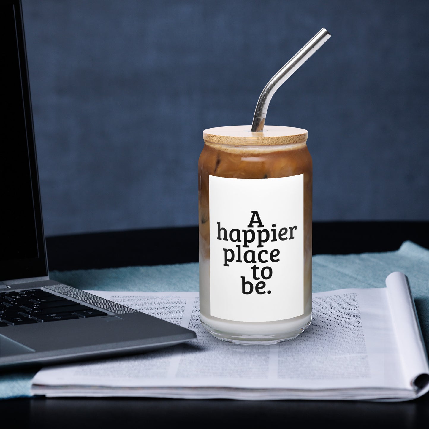 "A happier place to be" Can-shaped Glass with Lid & Straw