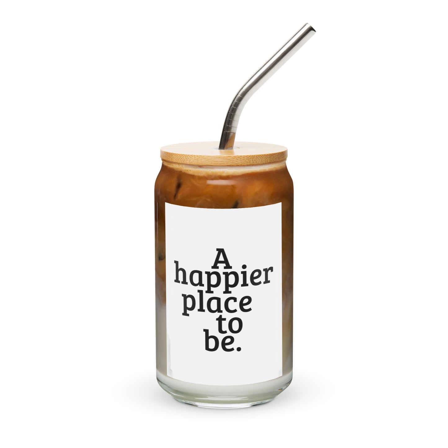"A happier place to be" Can-shaped Glass with Lid & Straw