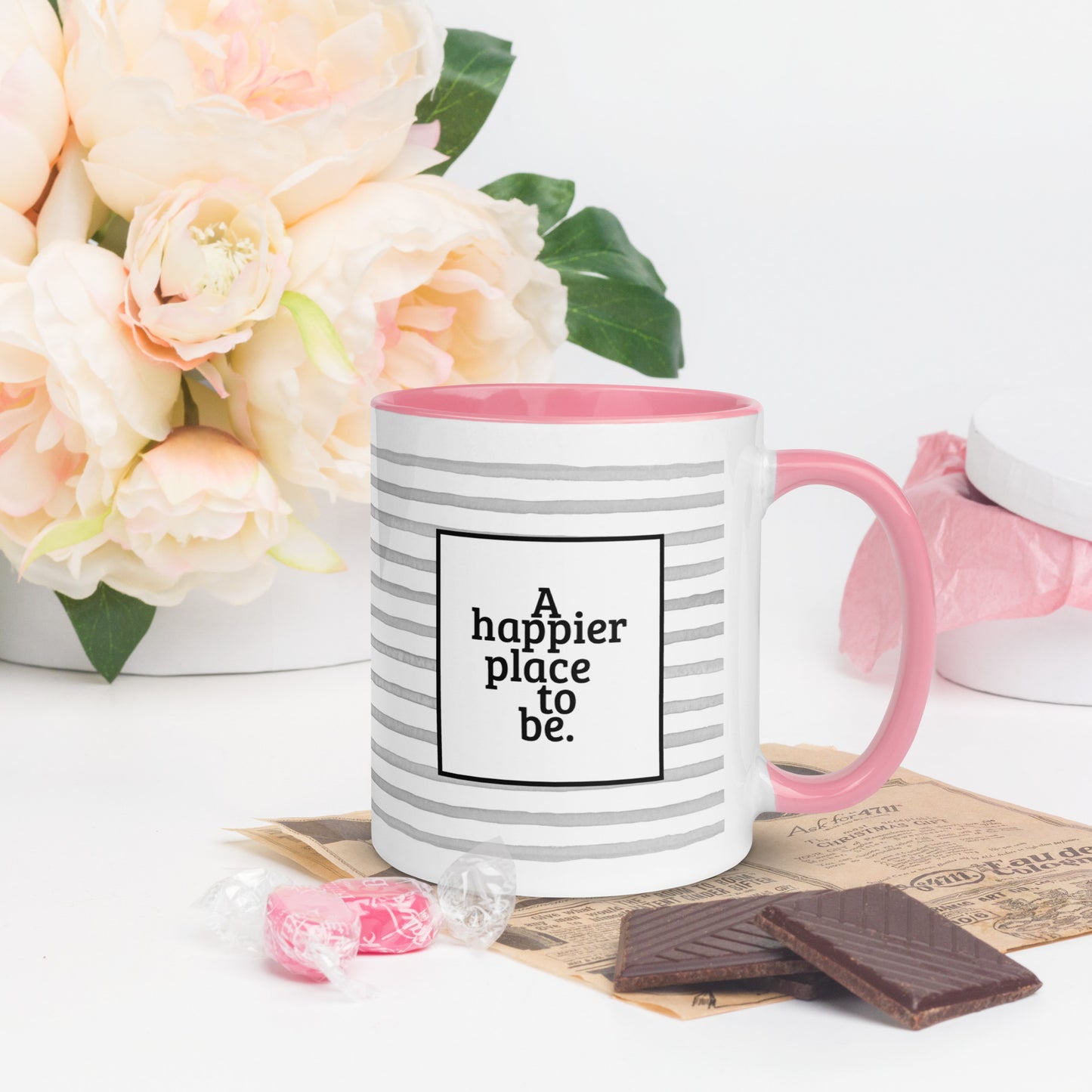"A happier place to be" Mug with Color Inside